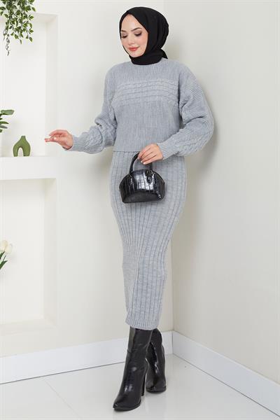 Örgü Desenli Jile Bluz Triko Takım Gri HM2559