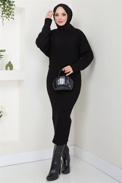 Örgü Desenli Jile Bluz Triko Takım Siyah HM2559