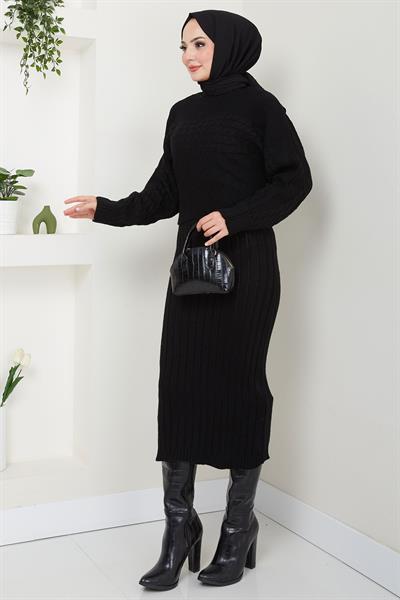 Örgü Desenli Jile Bluz Triko Takım Siyah HM2559