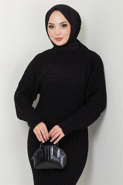 Örgü Desenli Jile Bluz Triko Takım Siyah HM2559