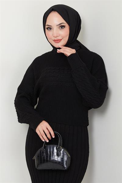 Örgü Desenli Jile Bluz Triko Takım Siyah HM2559