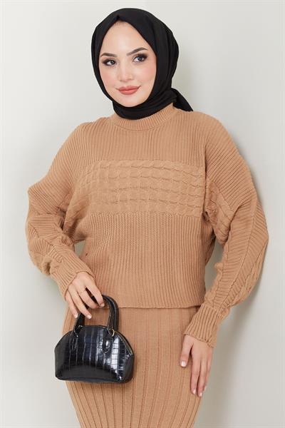 Örgü Desenli Jile Bluz Triko Takım Camel HM2559