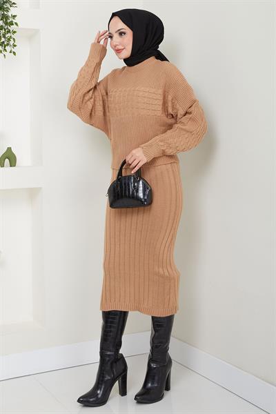 Örgü Desenli Jile Bluz Triko Takım Camel HM2559