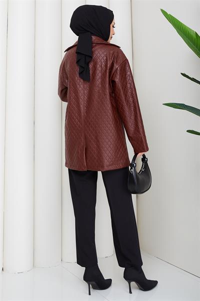 Oversize Kabartmalı Suni Deri Ceket Bordo HM2885