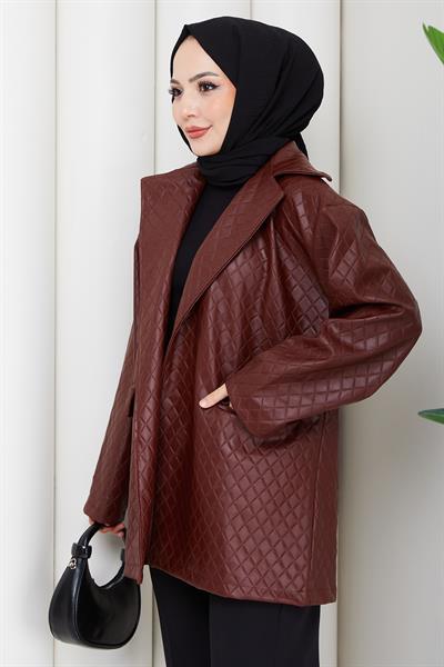 Oversize Kabartmalı Suni Deri Ceket Bordo HM2885
