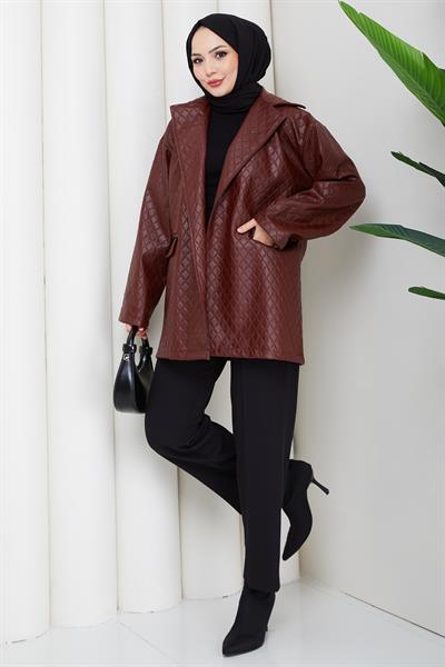 Oversize Kabartmalı Suni Deri Ceket Bordo HM2885