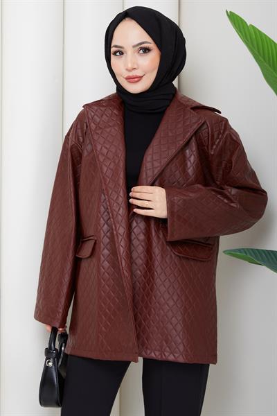Oversize Kabartmalı Suni Deri Ceket Bordo HM2885