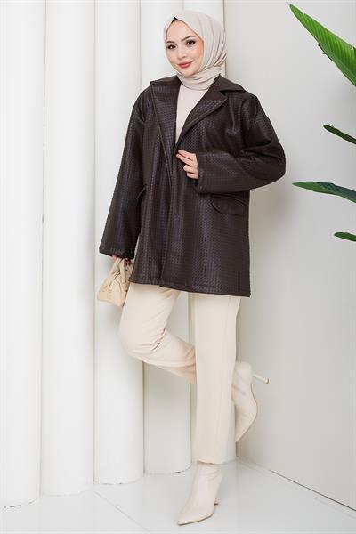 Oversize Kabartmalı Suni Deri Ceket Kahverengi HM2885