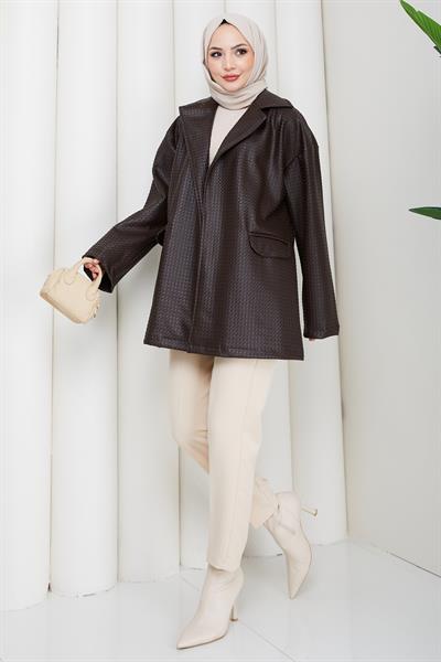 Oversize Kabartmalı Suni Deri Ceket Kahverengi HM2885
