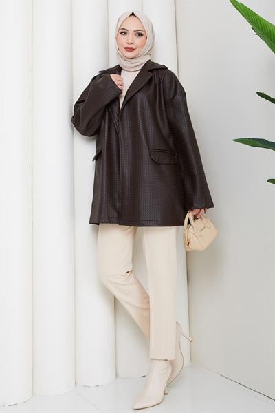 Oversize Kabartmalı Suni Deri Ceket Kahverengi HM2885
