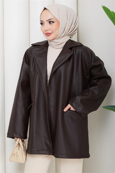 Oversize Kabartmalı Suni Deri Ceket Kahverengi HM2885