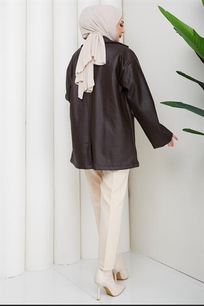 Oversize Kabartmalı Suni Deri Ceket Kahverengi HM2885