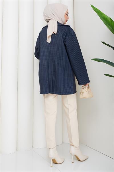 Oversize Kabartmalı Suni Deri Ceket Lacivert HM2885