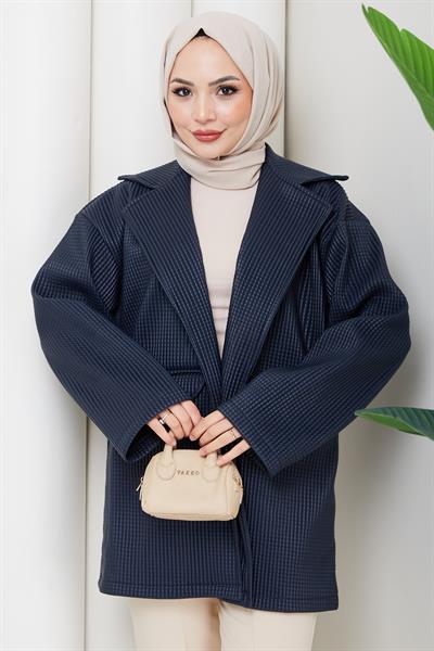 Oversize Kabartmalı Suni Deri Ceket Lacivert HM2885