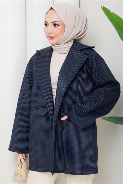 Oversize Kabartmalı Suni Deri Ceket Lacivert HM2885
