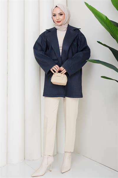 Oversize Kabartmalı Suni Deri Ceket Lacivert HM2885