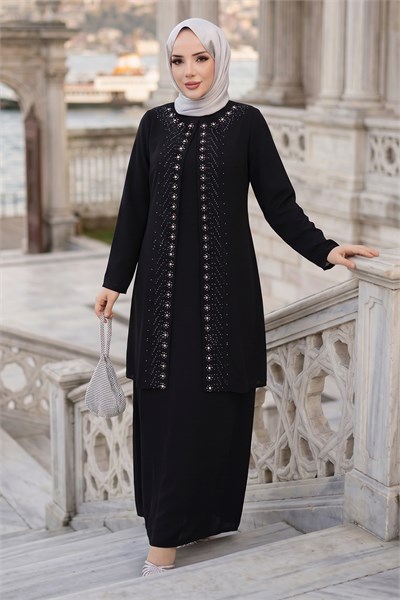 Papatya Taş Detaylı Büyük Beden Anne Elbisesi Siyah HM2953