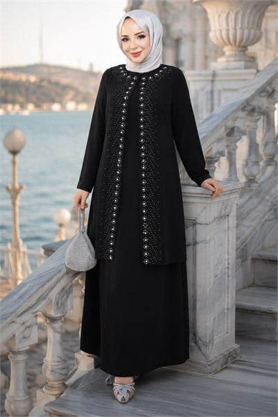 Papatya Taş Detaylı Büyük Beden Anne Elbisesi Siyah HM2953