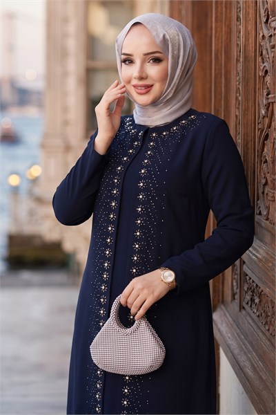 Papatya Taş Detaylı Büyük Beden Anne Elbisesi Lacivert HM2953
