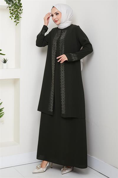 Parlak Taşlı Büyük Beden Anne Elbisesi Haki HM2856