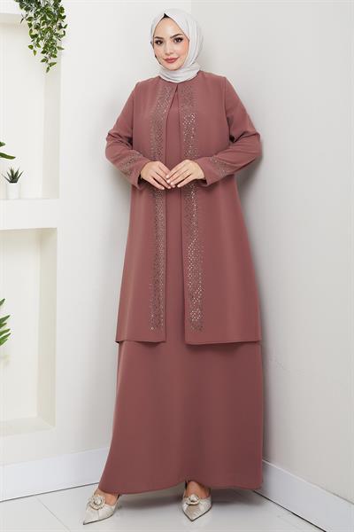 Parlak Taşlı Büyük Beden Anne Elbisesi Kiremit HM2856
