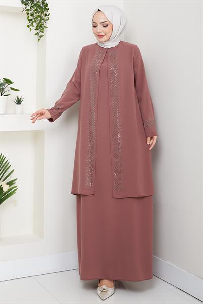 Parlak Taşlı Büyük Beden Anne Elbisesi Kiremit HM2856