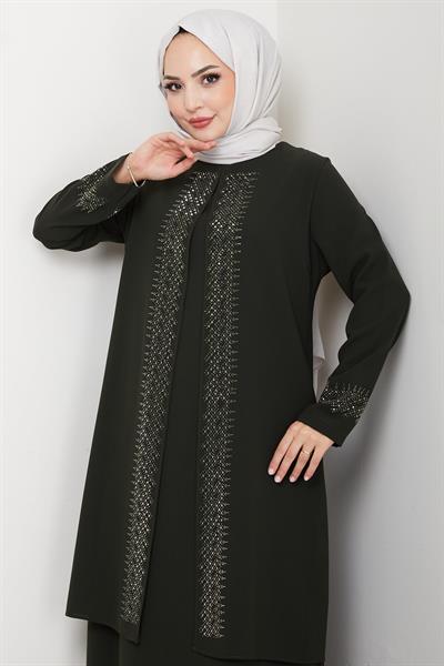 Parlak Taşlı Büyük Beden Anne Elbisesi Haki HM2856