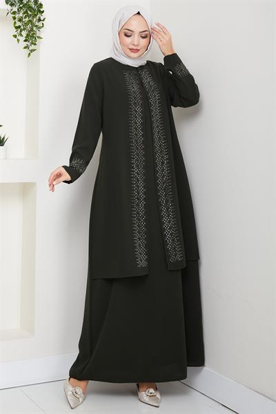 Parlak Taşlı Büyük Beden Anne Elbisesi Haki HM2856