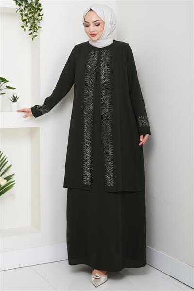 Parlak Taşlı Büyük Beden Anne Elbisesi Haki HM2856