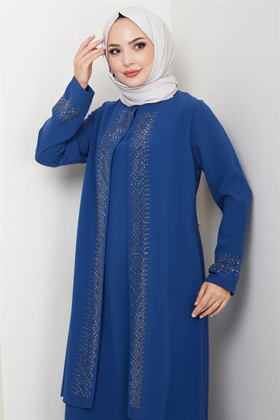 Parlak Taşlı Büyük Beden Anne Elbisesi İndigo HM2856