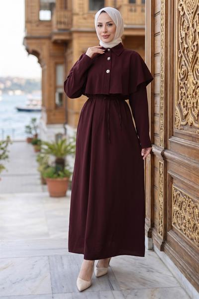 Pelerinli Modal Elbise Bordo HM2910