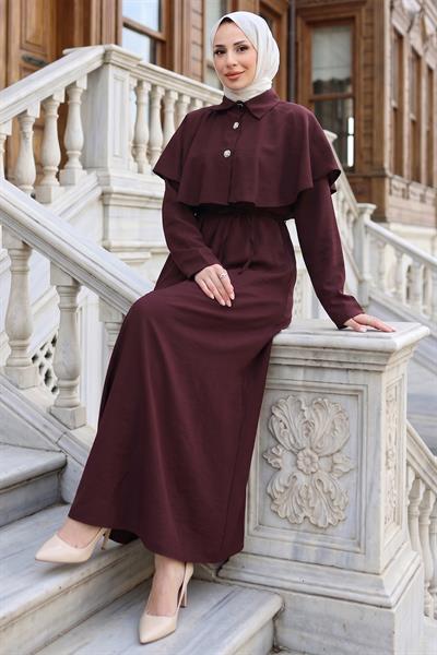 Pelerinli Modal Elbise Bordo HM2910