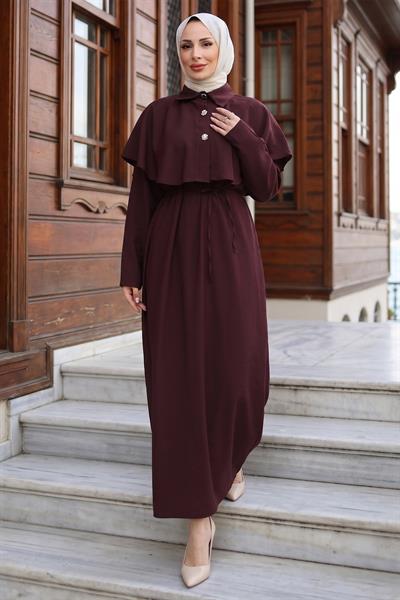Pelerinli Modal Elbise Bordo HM2910