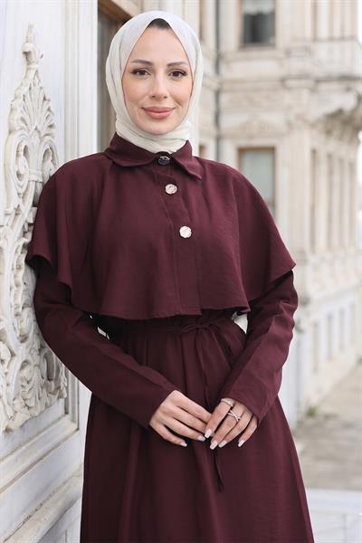 Pelerinli Modal Elbise Bordo HM2910
