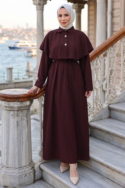 Pelerinli Modal Elbise Bordo HM2910