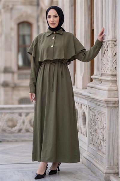 Pelerinli Modal Elbise Haki HM2910