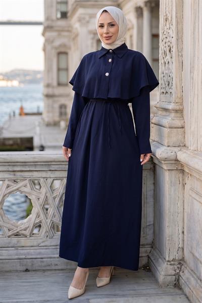 Pelerinli Modal Elbise Lacivert HM2910