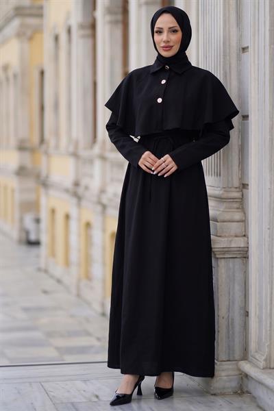 Pelerinli Modal Elbise Siyah HM2910