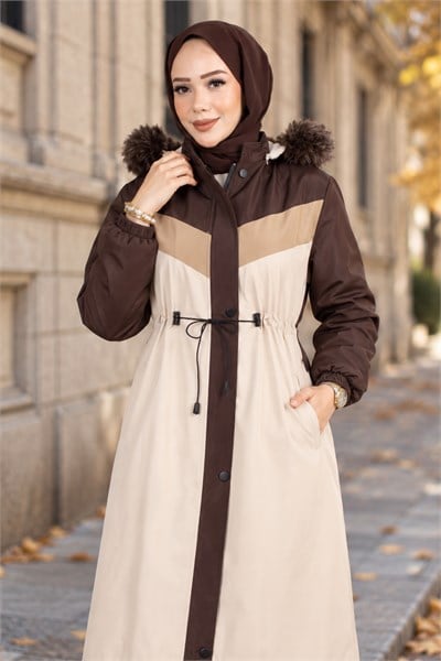 Peluş Astarlı Renk Garnili Mont Kahverengi HM2963