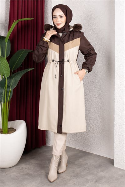 Peluş Astarlı Renk Garnili Mont Kahverengi HM2963
