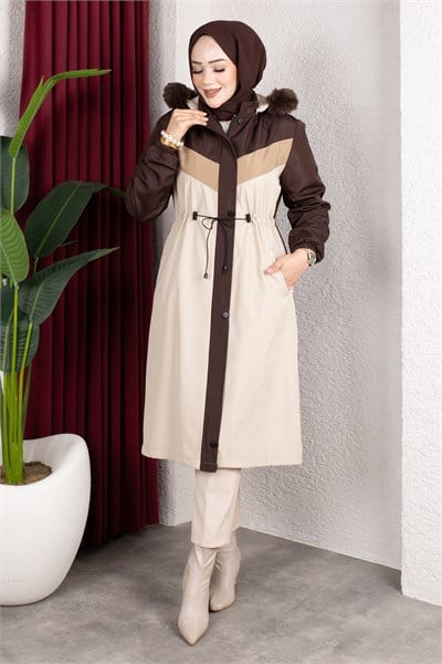 Peluş Astarlı Renk Garnili Mont Kahverengi HM2963