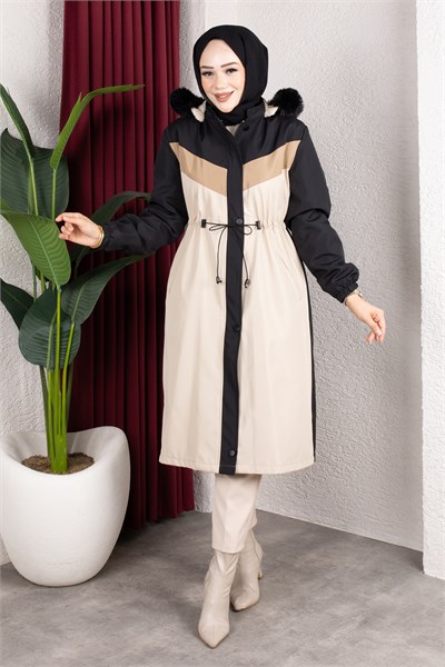Peluş Astarlı Renk Garnili Mont Siyah HM2963