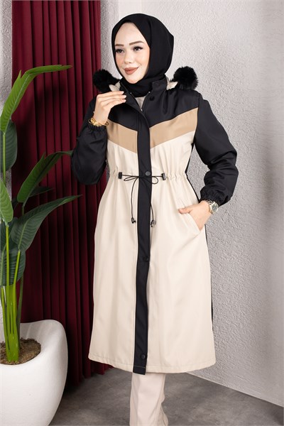 Peluş Astarlı Renk Garnili Mont Siyah HM2963