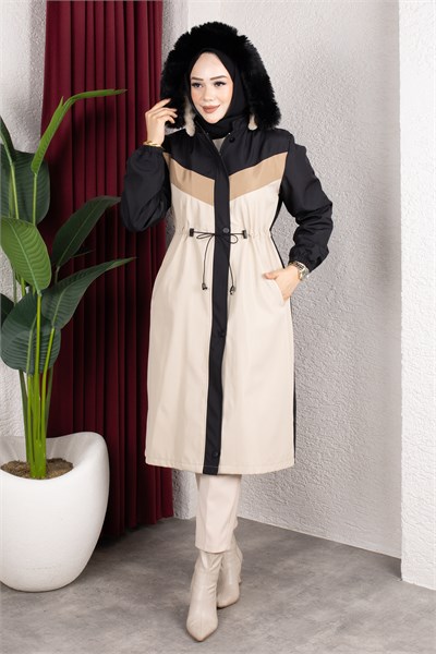 Peluş Astarlı Renk Garnili Mont Siyah HM2963