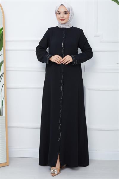 Petek Kumaş Büyük Beden Taşlı Ferace Siyah HM2352