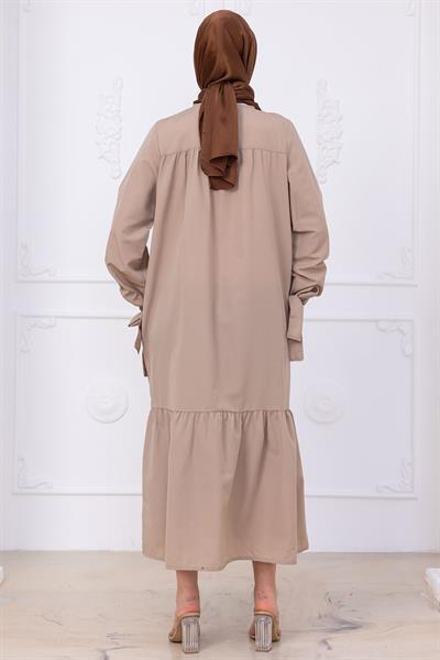 Robalı Kol Ucu Bağlamalı Elbise Bej HM2081