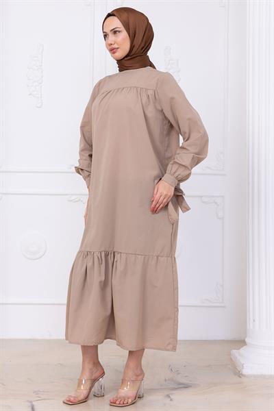 Robalı Kol Ucu Bağlamalı Elbise Bej HM2081