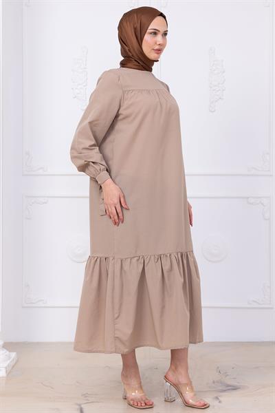 Robalı Kol Ucu Bağlamalı Elbise Bej HM2081