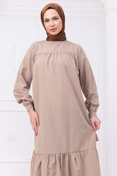 Robalı Kol Ucu Bağlamalı Elbise Bej HM2081