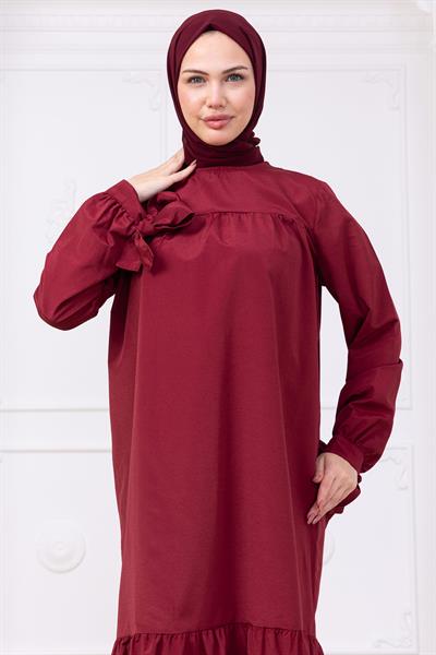 Robalı Kol Ucu Bağlamalı Elbise Bordo HM2081